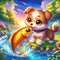 A cute and adorable dog playing in a river, with a golden fish, tree, flower, cartoon style, digital anime art