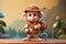 a cute adorable explorer baby Monkey in the style of children-friendly cartoon animation fantasy 3D style Illustration created by