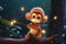 a cute adorable explorer baby Monkey on a tree in jungle by night with strong light in the style of children-friendly cartoon