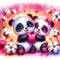 A cute and adorable fluffy panda bear cub in love, hugging a heart in gramicing face, cute pose, couple lovers, flower