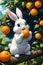 A cute and adorable funny rabbit, sitting on a branch of orange fruit tree, holding a fresh orange fruit, cartoon, anime