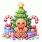A cute and adorable gingerbread with christmas tree, surrounded by the gifts and candies, happy face, white background