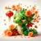 A cute and adorable green dragon with spring apricot flower, red lampion, cartoon, represents growth and creativity, animal
