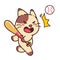 Cute Adorable Happy Brown Cat Play Baseball cartoon doodle vector illustration flat design