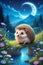 A cute and adorable hedgehog in cartoon style, whimsical valley with moonlit night, river with beautiful wildflowers, starry sky