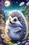 A cute and adorable hedgehog in a whimsical valley, with moonlit in night, surrounded by magical wildflowers, cartoon, fantasy