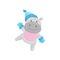 Cute adorable hippo wearing blue knitted hat and gloves, lovely behemoth animal cartoon character vector Illustration