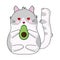 Cute, adorable illustration of cat with avocado. White background.
