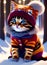 Cute adorable kitten in a jacket and hat knitted cap, winter snow, christmas xmas cuteness big eyes, anthropomorphic cat. Ai