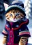 Cute adorable kitten in a jacket and hat knitted cap, winter snow, christmas xmas cuteness big eyes, anthropomorphic cat. Ai