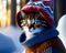 Cute adorable kitten in a jacket and hat knitted cap, winter snow, christmas xmas cuteness big eyes, anthropomorphic cat. Ai