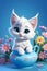 A cute and adorable kitten with vase and flowers, disney style, cartoon, blue background, animal design, furry art