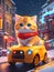 Cute and adorable kitty riding a car, wearing scraft, in the snowing night at a town, illustration