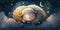 A cute and adorable lamb is sleeping under night sky between stars pillow