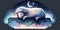 A cute and adorable lamb is sleeping under night sky between stars pillow