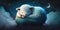 A cute and adorable lamb is sleeping under night sky between stars pillow