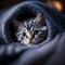 Cute and adorable little american shorthair kitten snuggled up in a fuzzy blanket on a bed. Generative AI