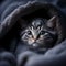 Cute and adorable little american shorthair kitten snuggled up in a fuzzy blanket on a bed. Generative AI