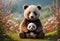 Cute and adorable little brown bear and panda on meadow. Generative AI