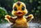 Cute and adorable little duck dancing in the rain. Generative AI