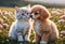 Cute and adorable little fluffy cat and dog on meadow. Generative AI