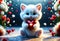 Cute and adorable little fluffy cat hold red heart. Generative AI