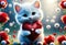Cute and adorable little fluffy cat hold red heart. Generative AI