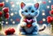 Cute and adorable little fluffy cat hold red heart. Generative AI