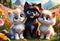 Cute and adorable little fluffy cats on meadow. Generative AI