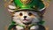 Cute and adorable little fluffy dog in green hat. Generative AI