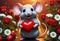 Cute and adorable little fluffy mouse hold red heart. Generative AI