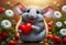 Cute and adorable little fluffy mouse hold red heart. Generative AI