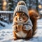 Cute and adorable little fluffy squirrel keeps a cup of coffee. Generative AI