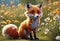 Cute and adorable little fox sitting on a meadow in flowers. Generative AI