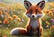 Cute and adorable little fox sitting on a meadow in flowers. Generative AI