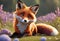 Cute and adorable little fox sitting on a meadow in flowers. Generative AI