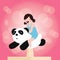 Cute adorable little kids girls riding on top of toys panda happy fun smiling