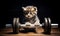 Cute adorable little kitten sitting in front of barbell. Sad grey tiny feline at black backdrop. Generative AI