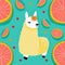 A cute and adorable llama or alpaca with a smile, surrounded by fruit in shades of teal and yellow. A full-body portrait of a