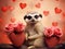 Cute adorable meerkat sitting among pink roses and hearts in the background.