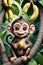 A cute and adorable monkey with the banana tree, big eyes, cute face, smile, cartoon, printable