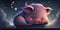 A cute and adorable piglet is sleeping under night sky between stars pillow