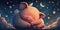 A cute and adorable piglet is sleeping under night sky between stars pillow