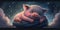 A cute and adorable piglet is sleeping under night sky between stars pillow