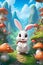 A cute and adorable rabbit in a whimsical mushroom valley, mountains, flower, fantasy, cartoon character, digital anime art