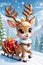 A cute and adorable reindeer with holiday costums, carrying a sleigh with christmas gift, snowing, christmas tree, cartoon style