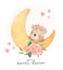 Cute adorable sleeping baby teddy bear on the floral crescent, nursery animal cartoon hand drawn watercolor vector