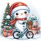 A cute and adorable snowman wearing santa hat and red scraf riding bicycle with the christmas tree and the gifts behind it, snow