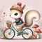 A cute and adorable squirrel in fashionable style riding bicycle, mushroom, flower, animal design