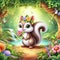 A cute and adorable squirrel in a stunning jungle with colorful wildflower and little river behind, animal design, nature, tree